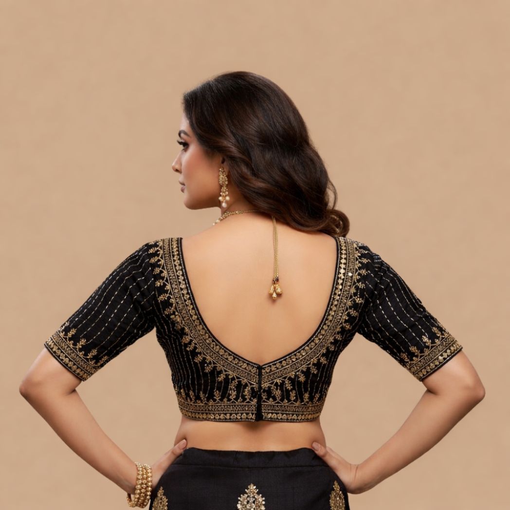 Women's Black Silk Fully Stitched Saree Blouse with Heavy Zari and Sequin Embroidery