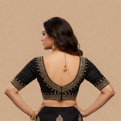 Devika Premium Black V-Neck Blouse with Gold Sequin Stripes