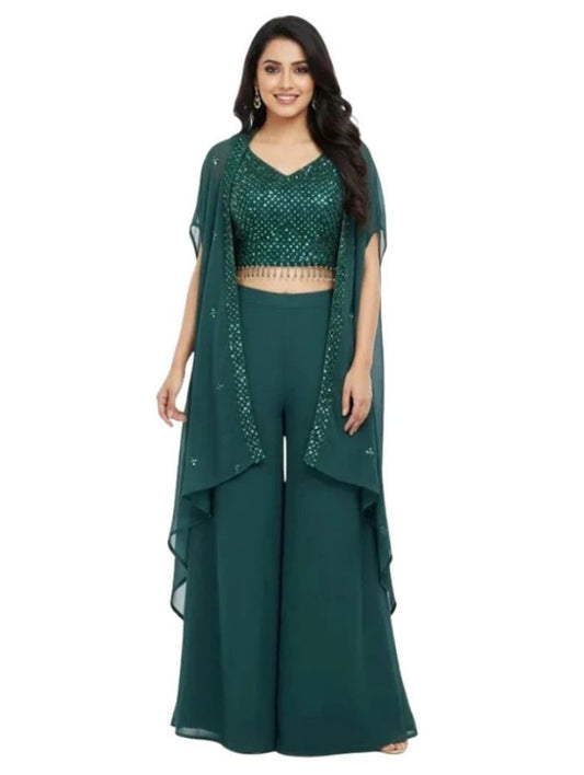 💚 Sparkling Dark Green Georgette Palazzo Shrug Set