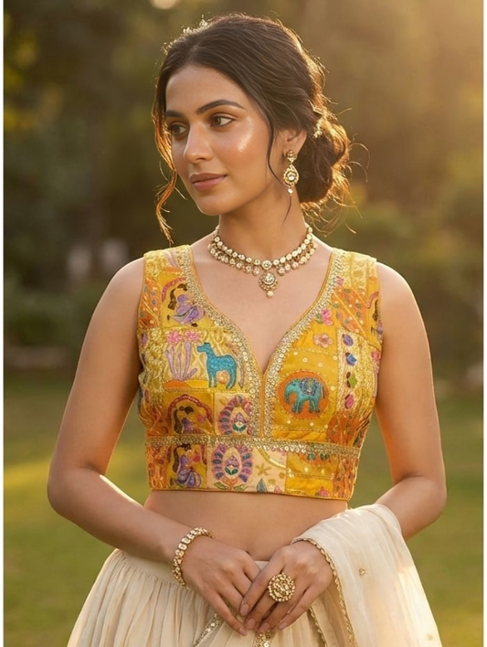 Women Cotton Silk Blouse with Traditional Multi-Color Kantha Work & Animal Motifs