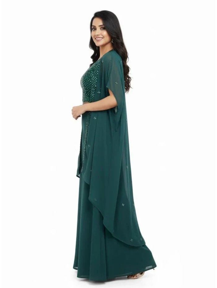 💚 Sparkling Dark Green Georgette Palazzo Shrug Set