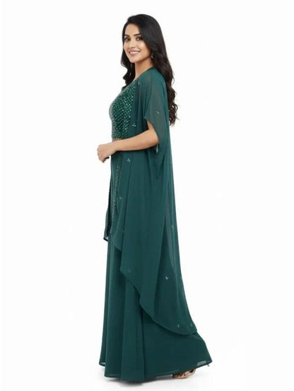 💚 Sparkling Dark Green Georgette Palazzo Shrug Set