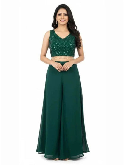 💚 Sparkling Dark Green Georgette Palazzo Shrug Set