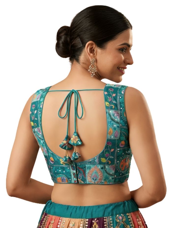 Women Cotton Silk Blouse with Traditional Multi-Color Kantha Work & Animal Motifs Firozi