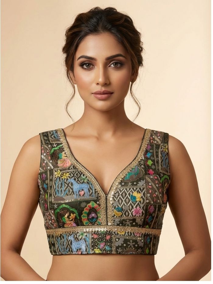 Indian Women's Painted Kalamkari Silk Blouse with Antique Gold Zari Trim Free