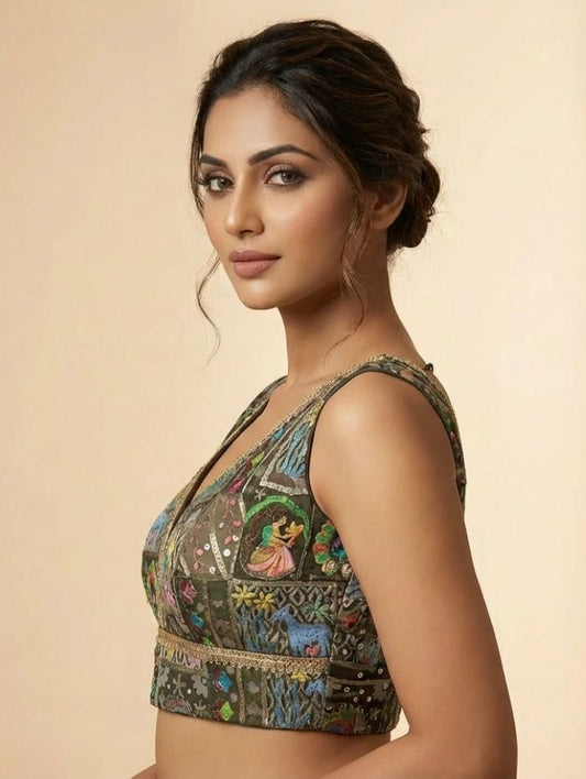 Women Cotton Silk Blouse with Traditional Multi-Color Kantha Work & Animal Motifs