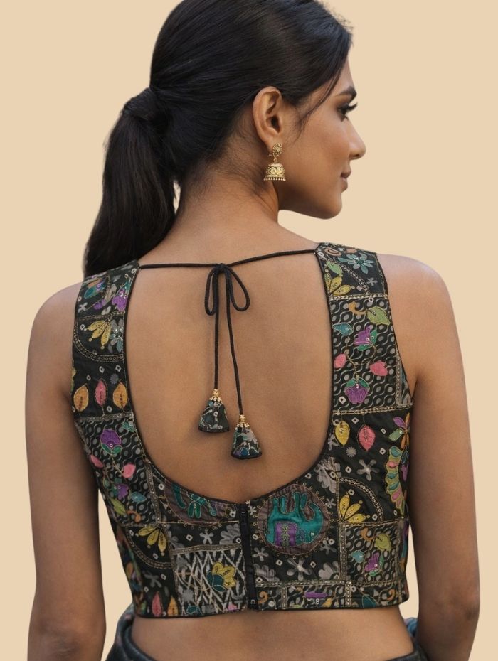 Indian Women's Painted Kalamkari Silk Blouse with Antique Gold Zari Trim