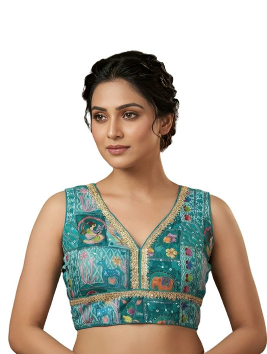 Women Cotton Silk Blouse with Traditional Multi-Color Kantha Work & Animal Motifs Firozi