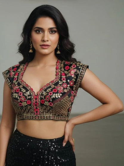 Black Embroidered Sequin Blouse with Deep Sweetheart Neckline