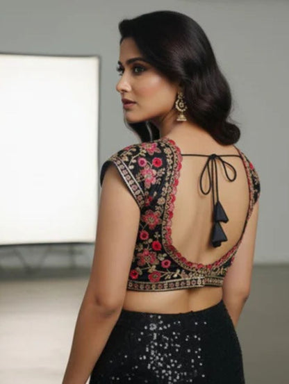 Black Embroidered Sequin Blouse with Deep Sweetheart Neckline-us-ca