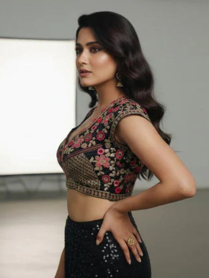 Black Embroidered Sequin Blouse with Deep Sweetheart Neckline