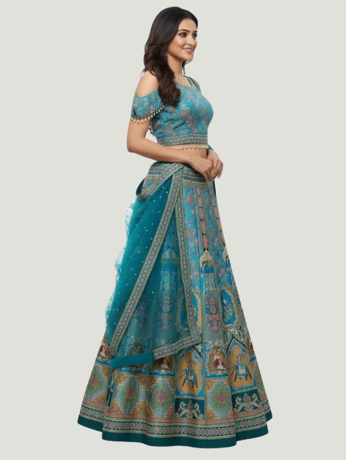 Striking Blue  Art Silk Lehenga Crop Top Set