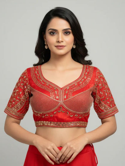 Red Cotton Silk Embroidered Blouse