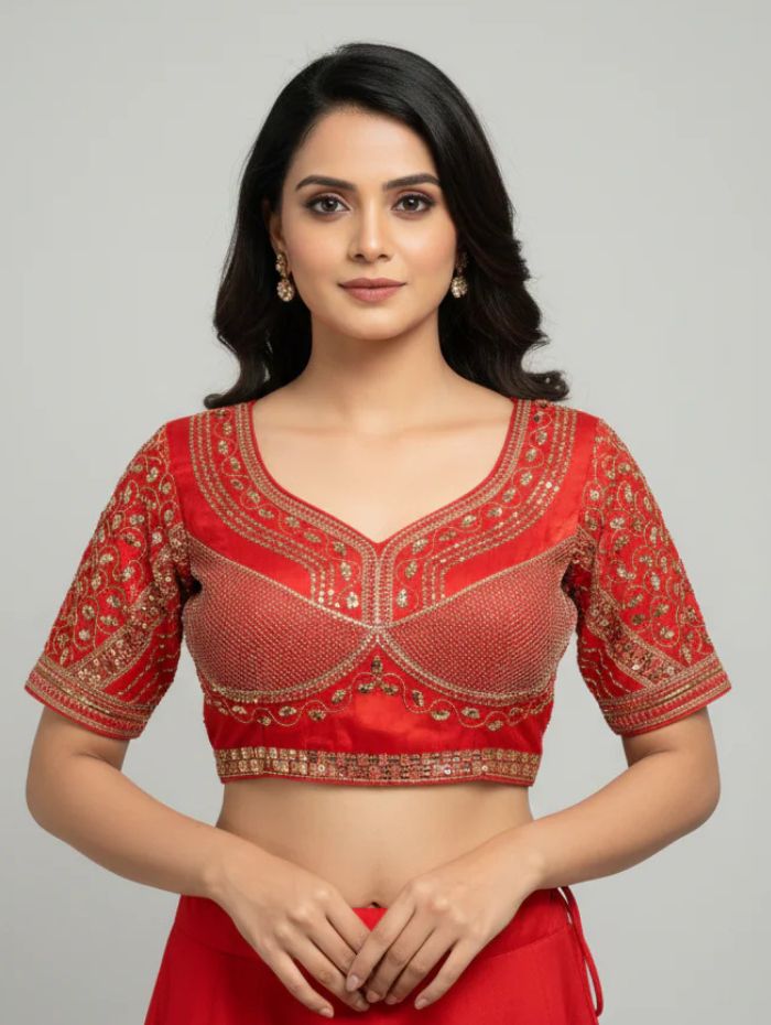 Red Cotton Silk Embroidered Blouse