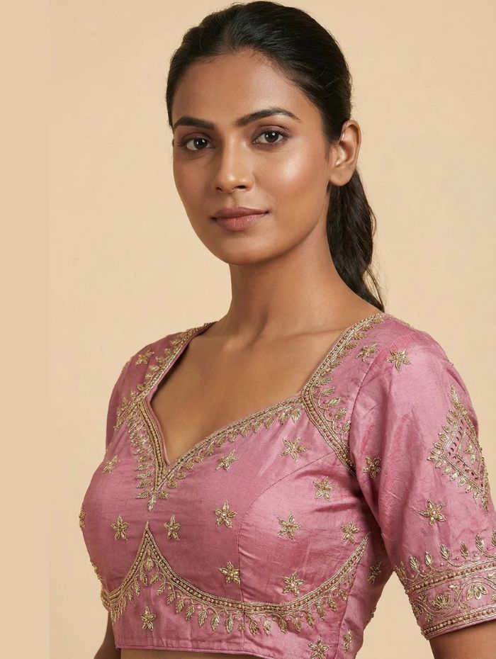 WomenPink Cotton Silk Embroidered Blouse Yellow