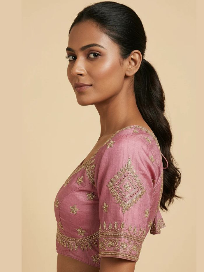 WomenPink Cotton Silk Embroidered Blouse