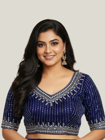 Women's Elegant Navy Blue Cotton Silk Embroidered Blouse