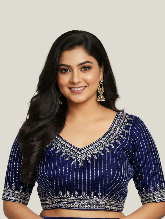 Women's Elegant Navy Blue Cotton Silk Embroidered Blouse