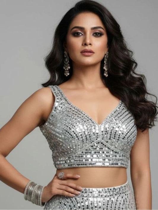 Women's Silver Mirror Work V-Neck Sleeveless Party Wear Blouse