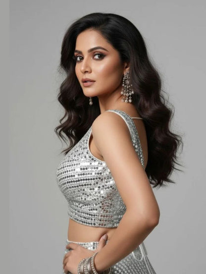 Women's Silver Mirror Work V-Neck Sleeveless Party Wear Blouse