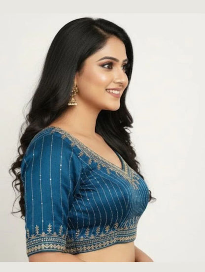 Elegant Peacock Blue Cotton Silk Embroidered Blouse