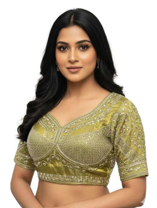 Elegant Mehendi Green Cotton Silk Embroidered Blouse