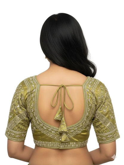 Elegant Mehendi Green Cotton Silk Embroidered Blouse