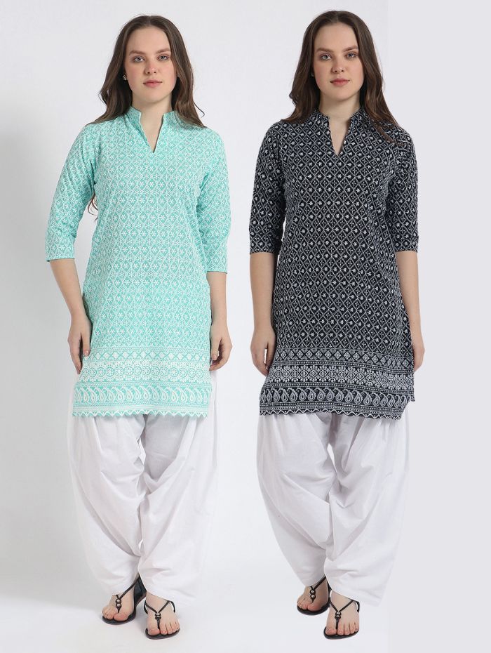 Women’s Cotton Chikankari Kurti Combo - Pack of 2 (Aqua & Black) Geometric
