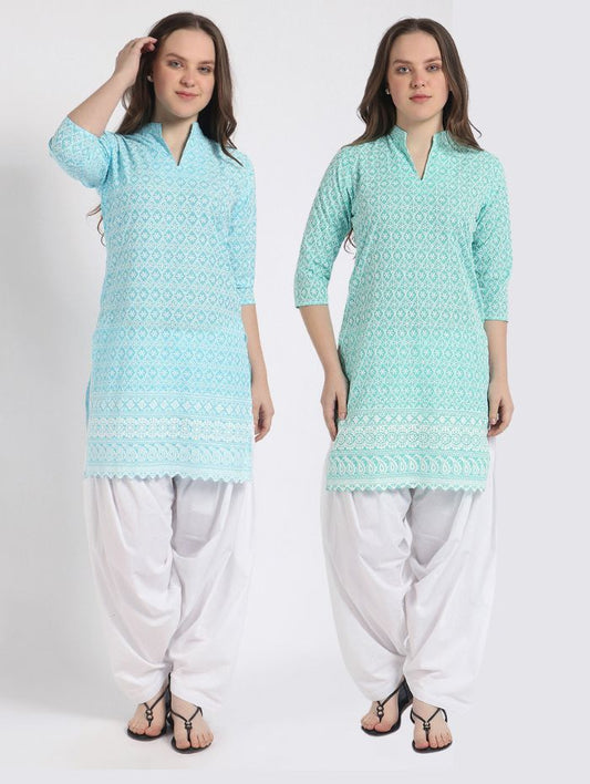 Women’s Cotton Chikankari Short Kurti Combo - Pack of 2 (Sea Green & Aqua)