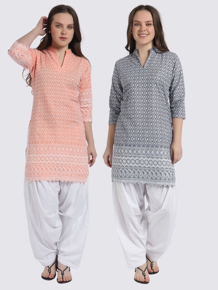 Women’s Cotton Chikankari Kurti Combo - Pack of 2 (Peach & Grey) Geometric