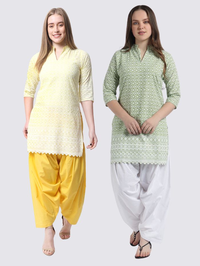 Women’s Cotton Chikankari Short Kurti Combo - Pack of 2 (Yellow & Pista)