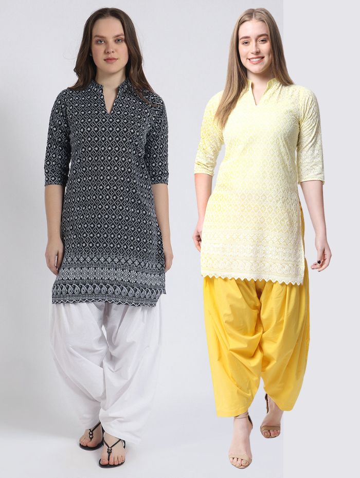 Women’s Cotton Chikankari Short Kurti Combo - Pack of 2 (Black & Yellow)