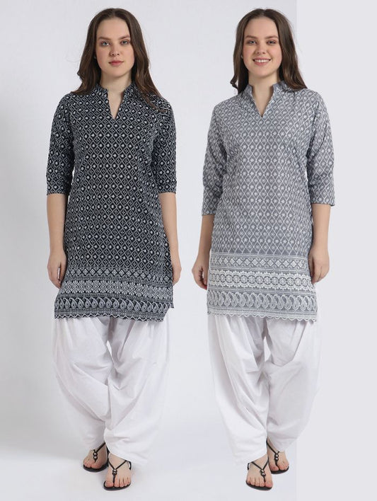 Women’s Cotton Chikankari Short Kurti Combo - Pack of 2 (Black & Grey)