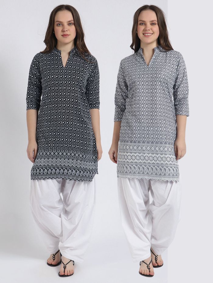 Women’s Cotton Chikankari Kurti Combo - Pack of 2 (Black & Grey) Geometric