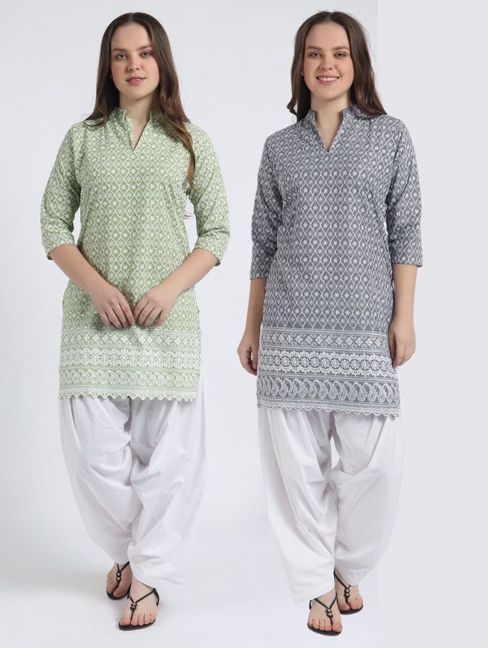 Women’s Cotton Chikankari Kurti Combo - Pack of 2 (Pista & Grey) Geometric