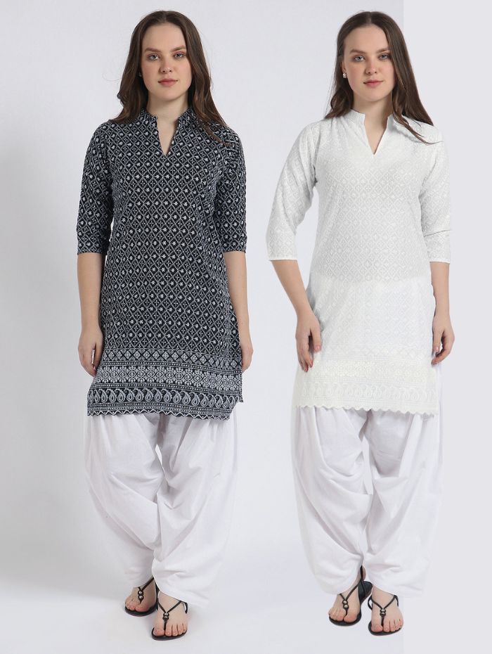 Women’s Cotton Chikankari Kurti Combo - Pack of 2 (Black & White) Geometric
