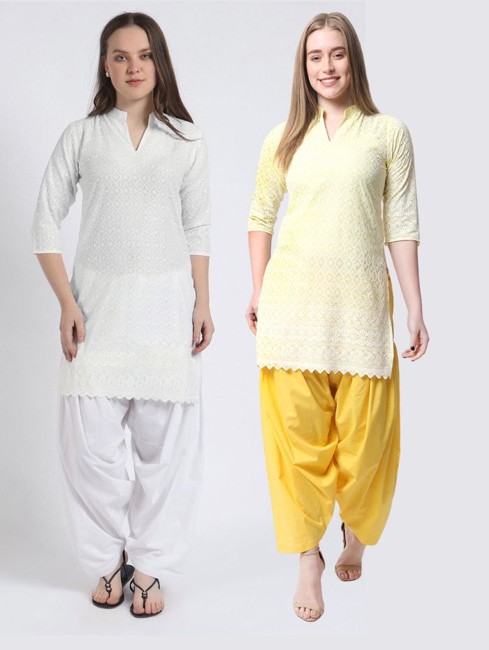 Women’s Cotton Chikankari Kurti Combo - Pack of 2 (White & Yellow) Geometric