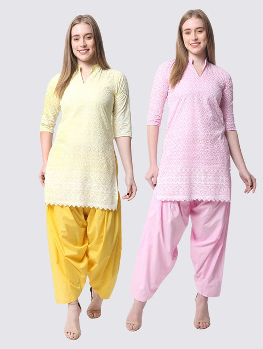 Women’s Cotton Chikankari Short Kurti Combo - Pack of 2 (Yellow & Pink)