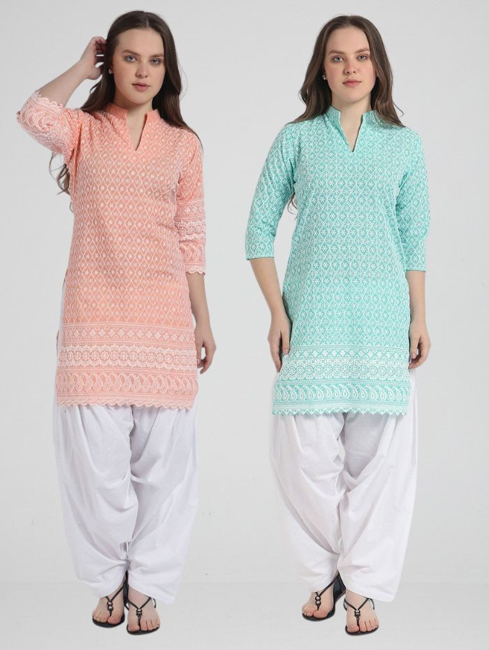 Indian Women’s Cotton Chikankari Kurti Combo - Pack of 2 (Aqua & Peach) Aqua Cotton