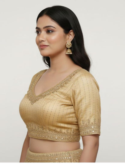 Elegant Golden/Fawn Cotton Silk Embroidered Blouse_Devika