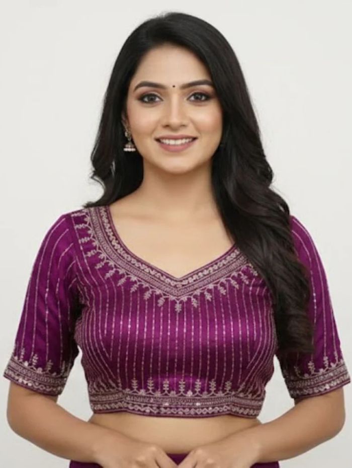 Elegant Purple Cotton Silk Embroidered Blouse Blue