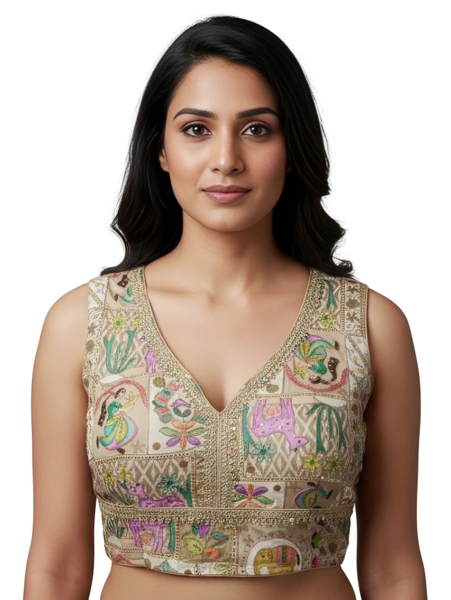 Women Cotton Silk Blouse with Traditional Multi-Color Kantha Work & Animal Motifs _Golden Free