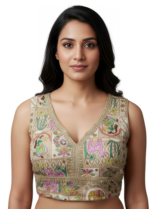 Women Cotton Silk Blouse with Traditional Multi-Color Kantha Work & Animal Motifs _Golden