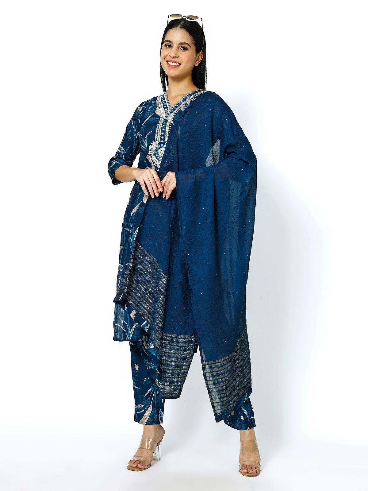 Women Embroidery Masleen Cotton Kurti Set Ethnic Printed Peacock Blue Color (Plus Size Available)