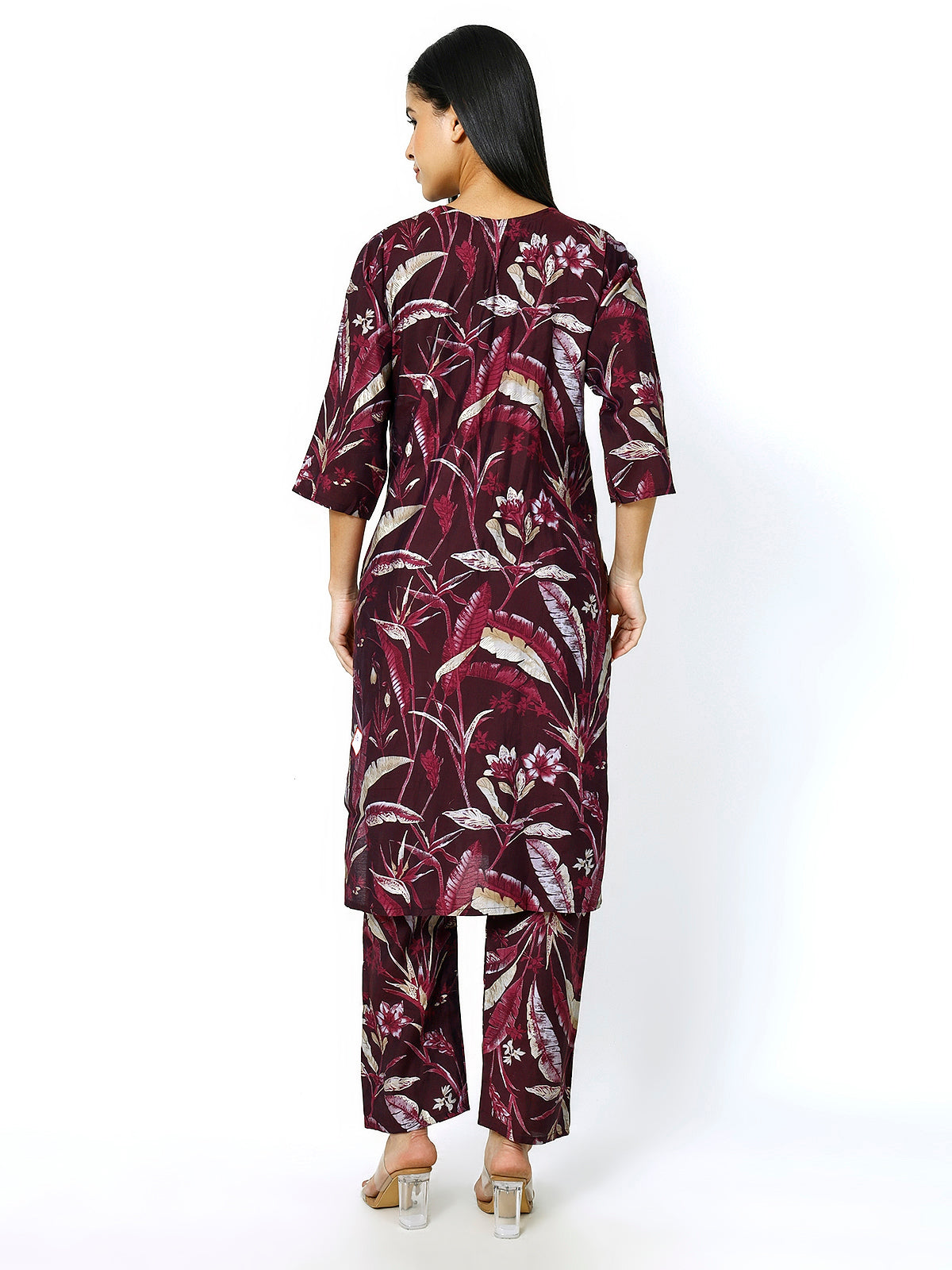 Women Embroidery Masleen Cotton Kurti Set Ethnic Printed Maroon Color (Plus Size Available)