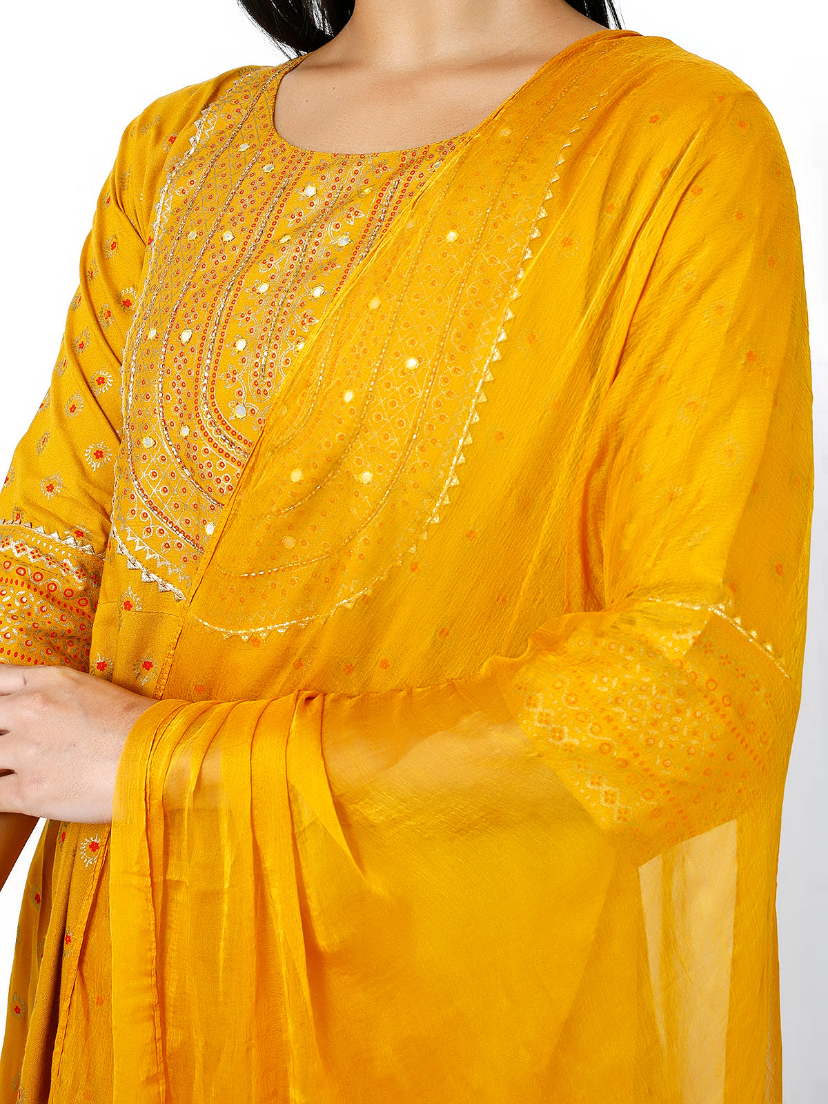 Women Mustard Floral Printed Round Neck Anarkali Kurta With Trousers & Dupatta (Plus Size Available)