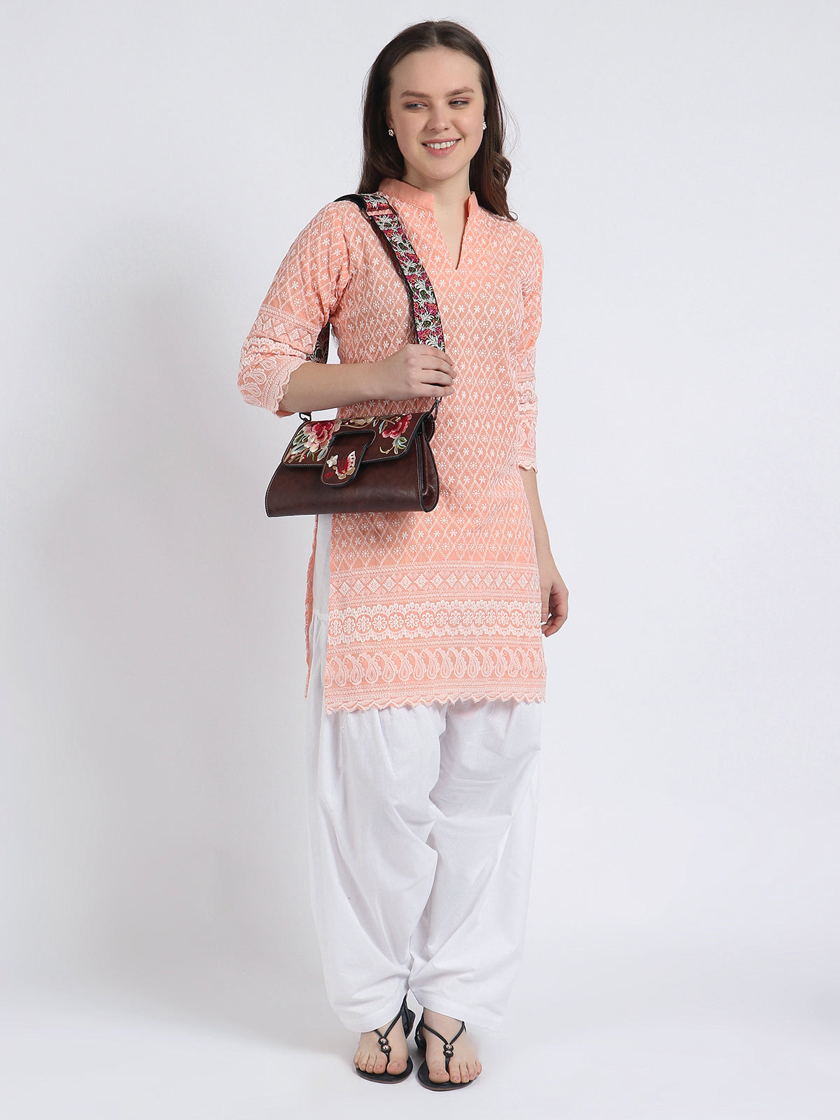 Women Chiken Embroidery Cotton Peach Kurta and Salwar Set XXXL