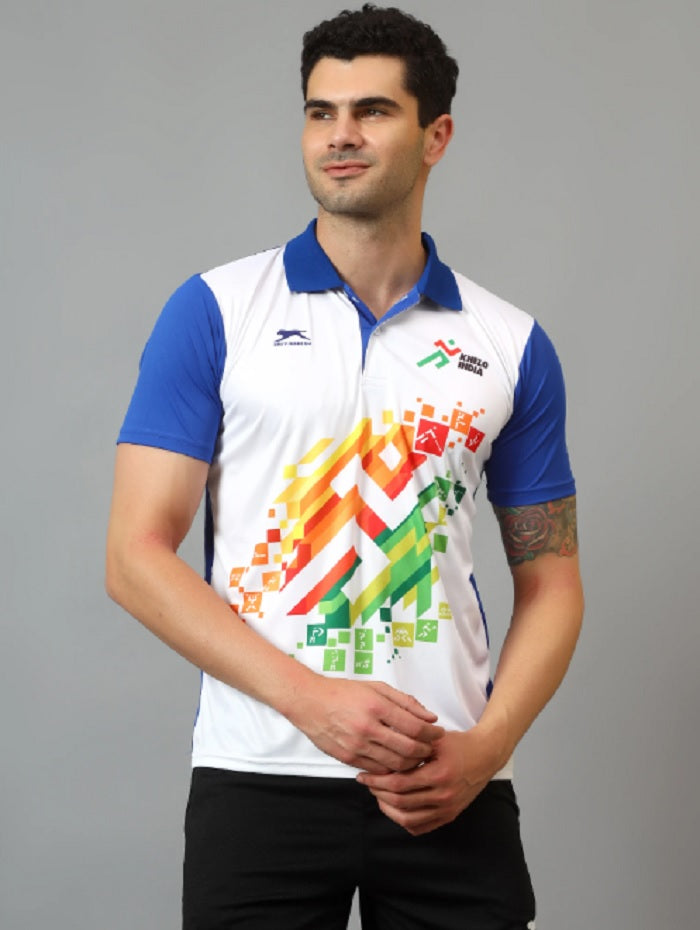 Shiv Naresh Men’s Sports Polo T-Shirt | Front Print Khelo india| Breathable Quick Dry Fabric | Plain Back | Athletic Fit Activewear-Blue