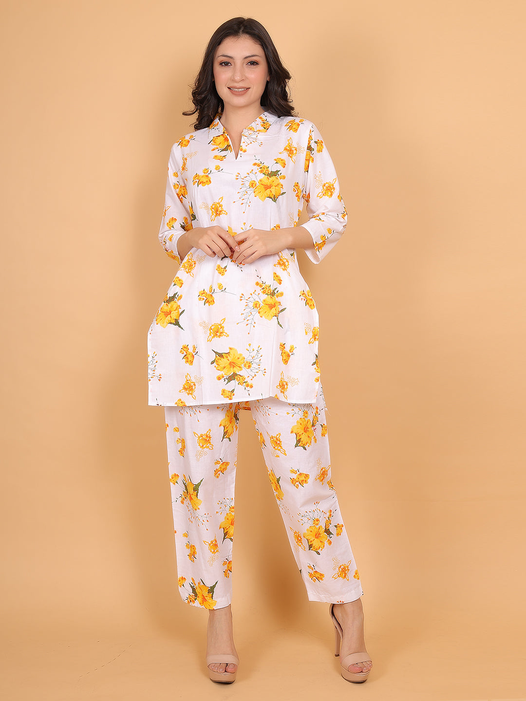 Women Yellow Floral Printed Cotton Coord Set with 3/4 Sleeves