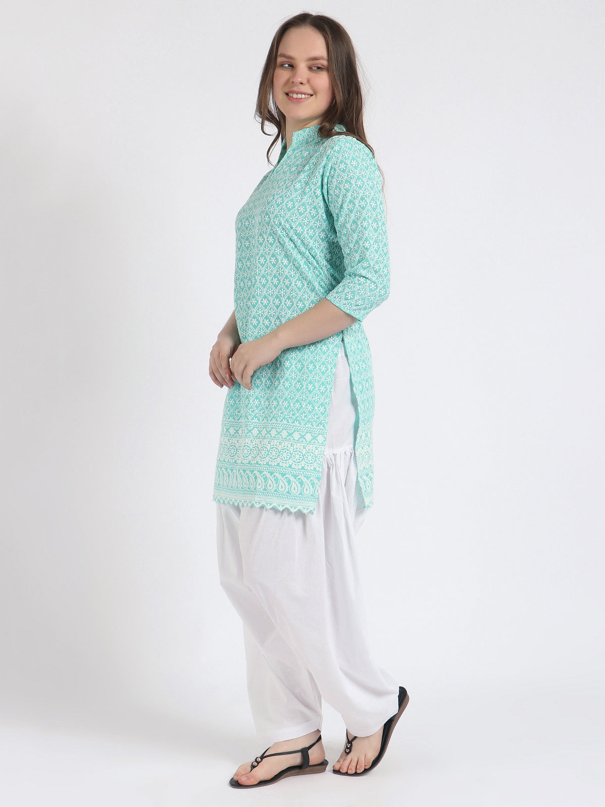 Women Chiken Embroidery Cotton Aqua Green Kurta and Salwar Set